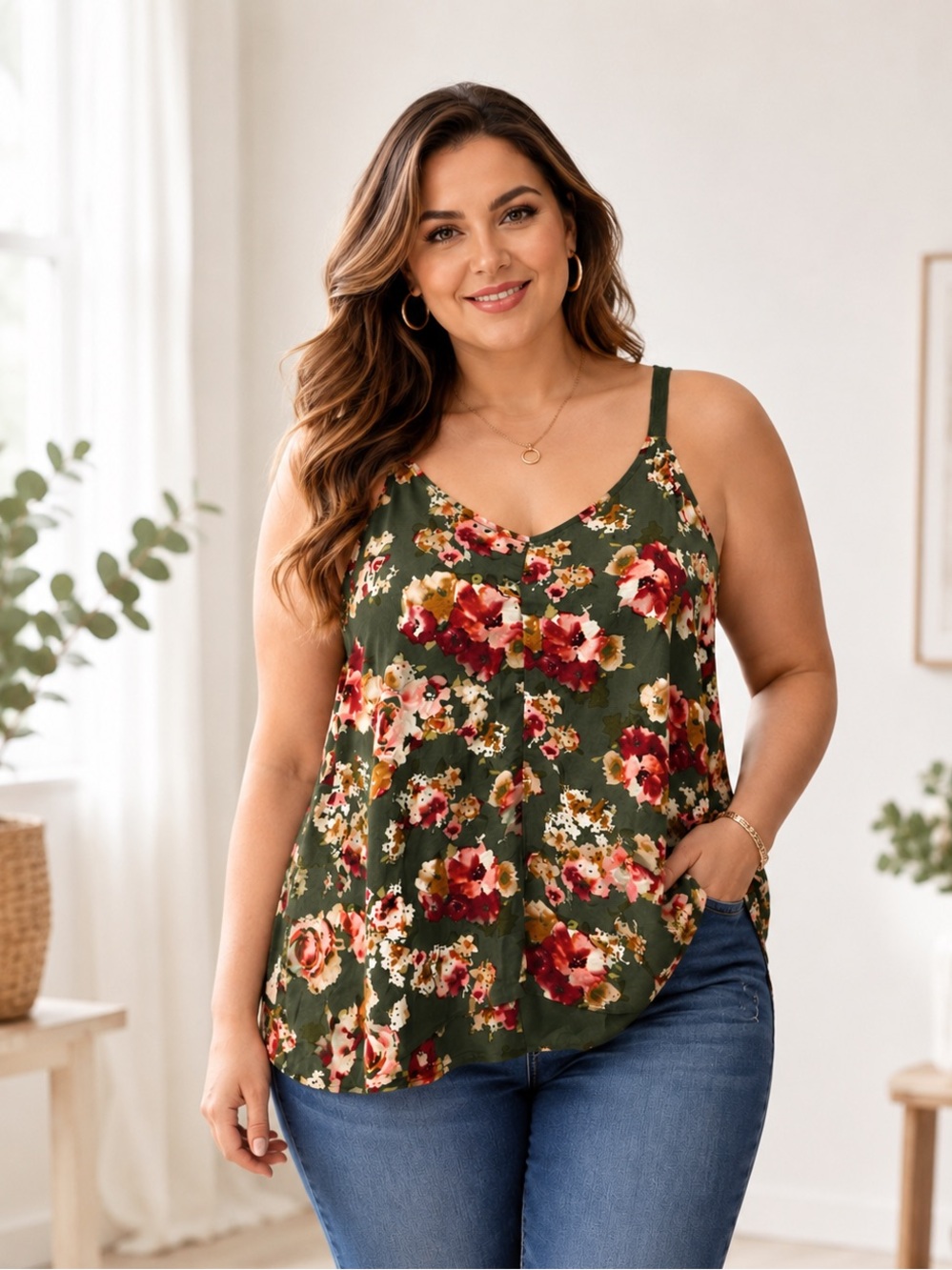 Bobeau Floral Camisole Tank Top Women’s 1X Olive Green Pink Flowy Plus Size